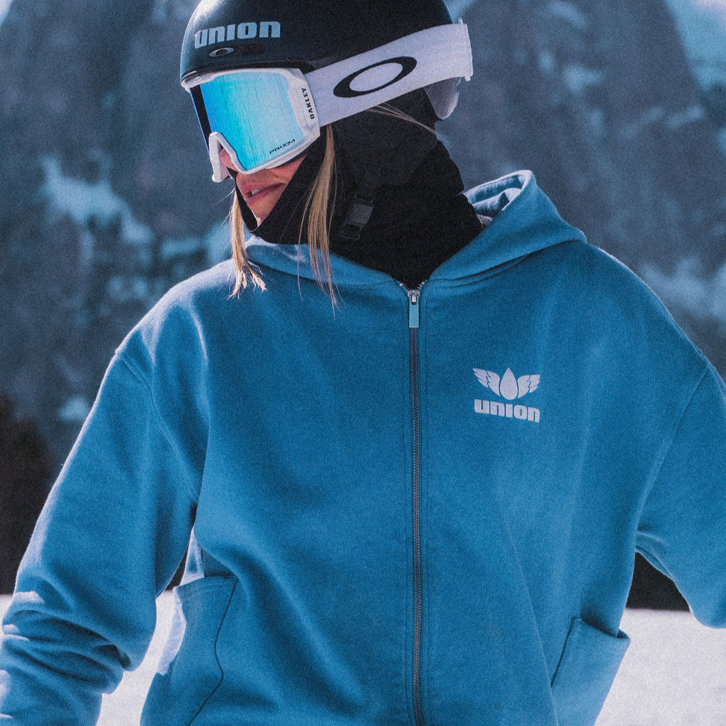 Union Streetwear Zip Hoodie blue front view on model in blue