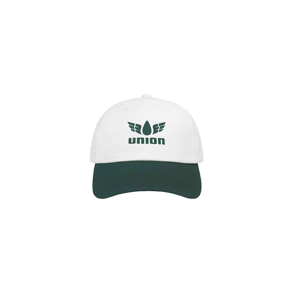 Union organic cotton cap – white with green brim and logo embroidery